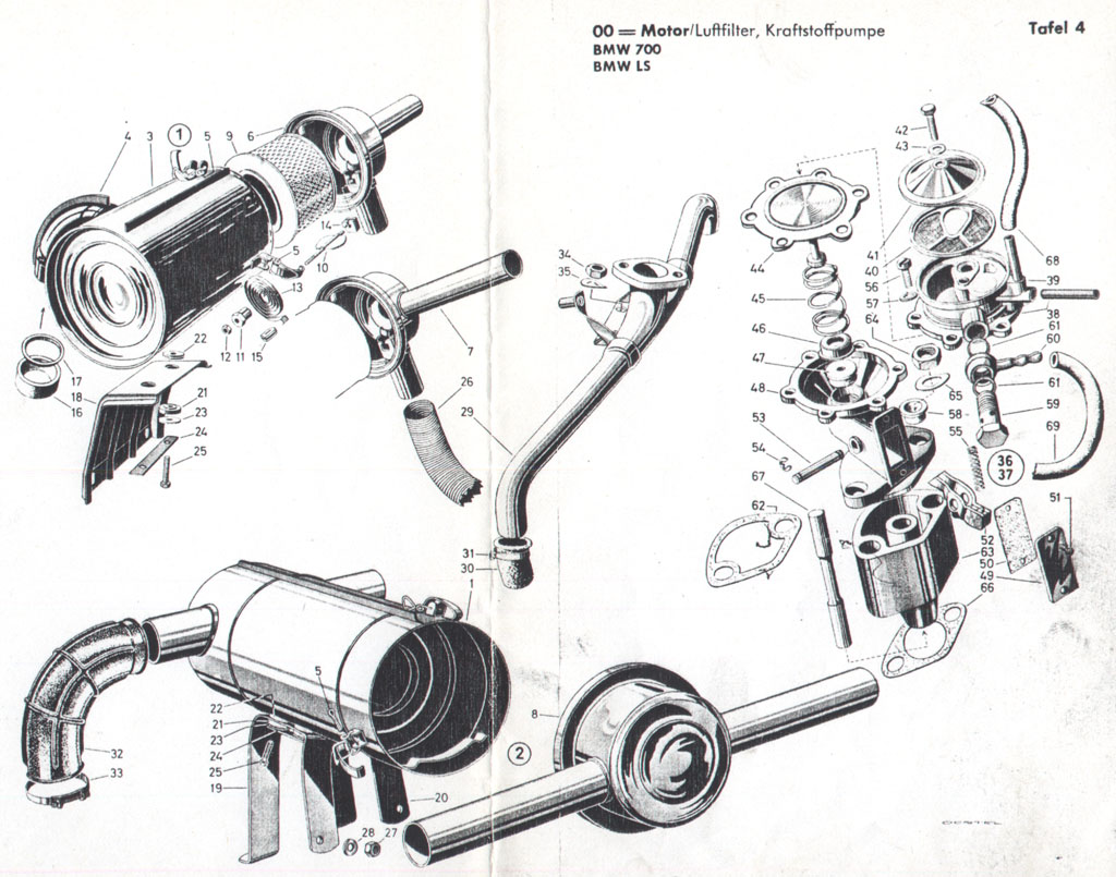 [Explosionszeichnung BMW 700 Motor,Luftfilter, Kraftstoffpumpe]