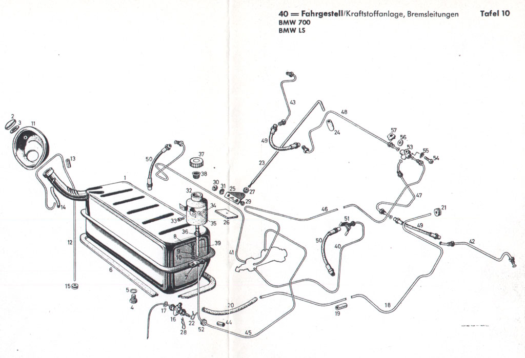 [Explosionszeichnung BMW 700 Fahrgestell, Kraftstoff- und Bremsanlage]