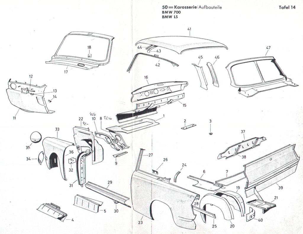 [Explosionszeichnung BMW 700 Karosserie, Aufbauteile]
