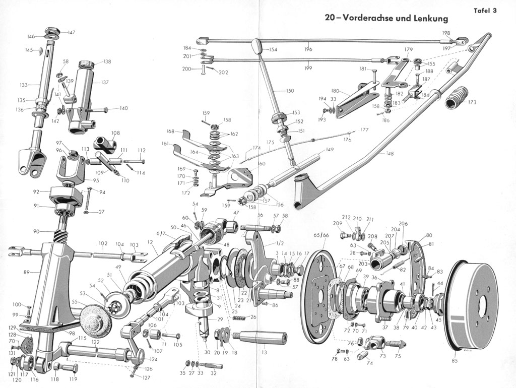[Explosionszeichnung BMW Isetta Standard - Vorderachse und Lenkung]
